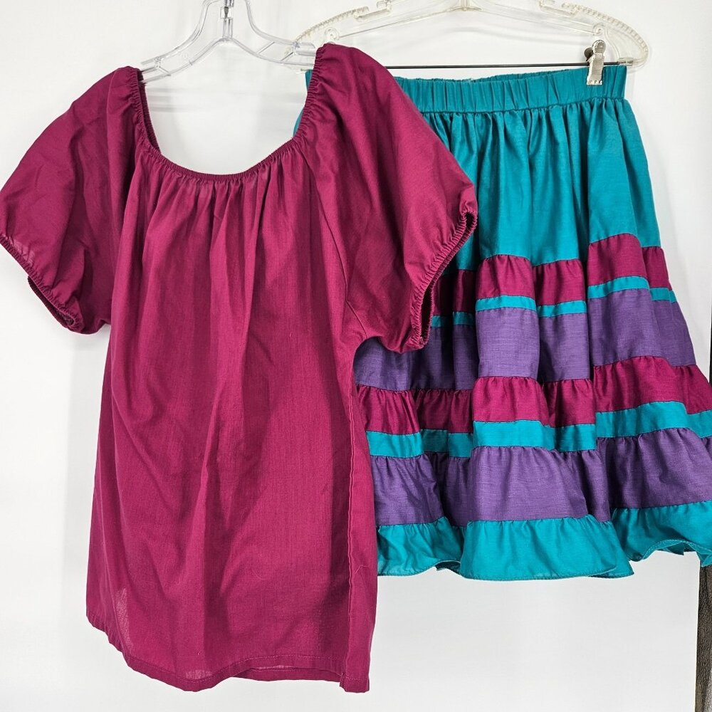 Prairie Shirt Skirt Set M Purple Teal Blue Lace Trim Cotton Blend Dance Western